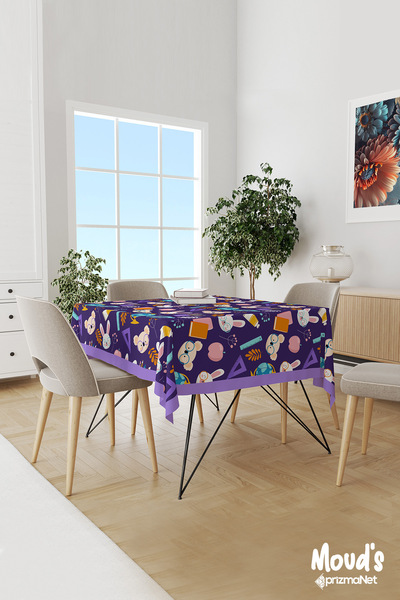 Moud's Purple Student Koala And Rabbit Patterned Round Suede Carefree Tablecloth