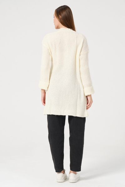 PUNKY CAT Γυναικεία Εκρού Πλεκτή Ζακέτα με Πλαϊνή Χοντρή Πλεκτή Μακριά Πλεκτά