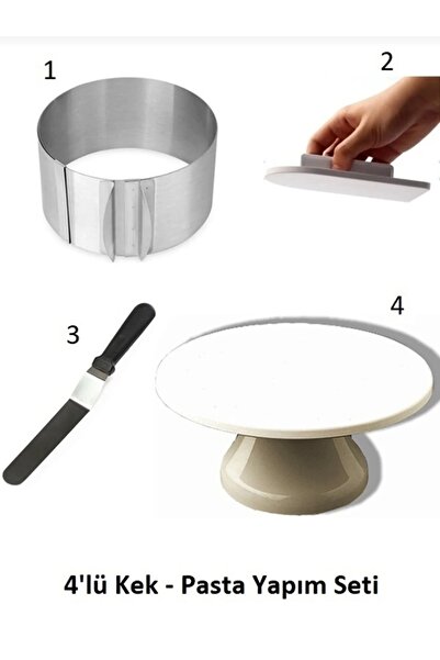 mk global 4'lü Kek Pasta Yapım Seti- Döner Stand- Eğik Spatula -Pasta Ütüsü- ...