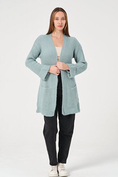 PUNKY CAT Women's Water Green Thick Knitted Long Knitwear Cardigan with Side Pockets