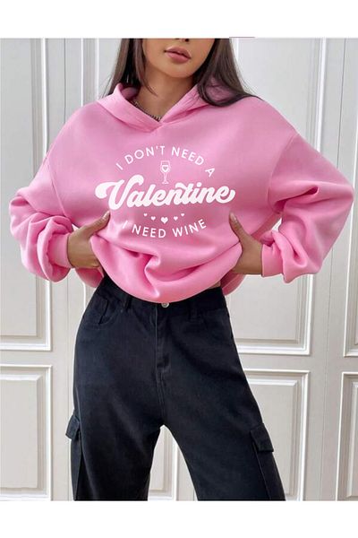 OFFSIDESIGN Women's Oversize Pink Hooded Sweatshirt I Need Wine Design Printed Sweatshirt Long Sleeve