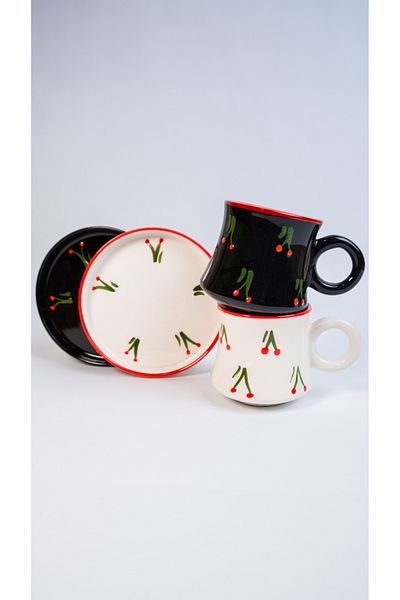 Gezdikçe Bilelim Set of 2 Black and White Cherry Patterned Handmade Boiler Ceramic Coffee Cup, Coffee Cup