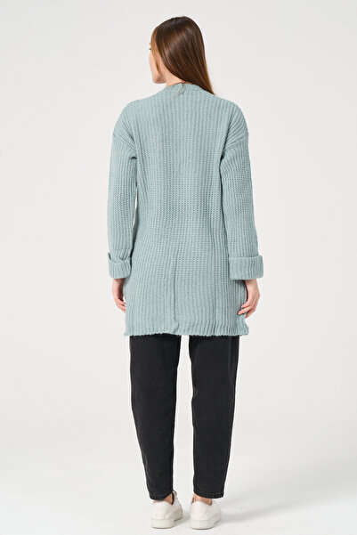 PUNKY CAT Women's Water Green Thick Knitted Long Knitwear Cardigan with Side Pockets