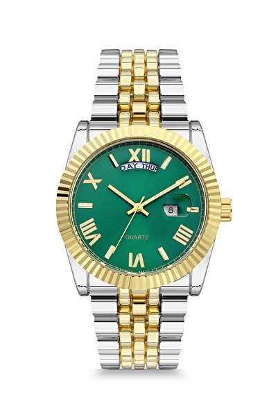 pierrose Gümüş Gold Şeritli Çelik Kordon Romen Rakamlı Çift Takvimli Erkek Ko...