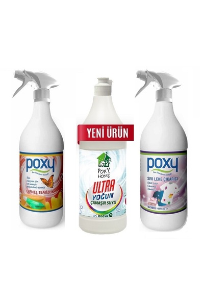 Poxy Sıvı Leke Çıkarıcı 1Lt + Genel Temizlik 1 Lt + Ultra Yoğun Çamaşır Suyu 1 Lt