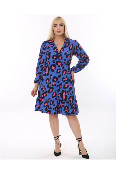 Butik Nilyam Γυναικείο φόρεμα Plus Size Διπλό γιακά Λύκρα Μακρυμάνικο Φόρεμα 22020 Μπλε