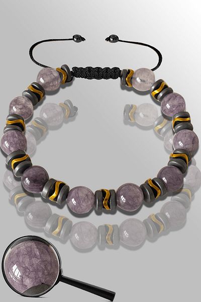 Tesbih Atölyesi Certified Matte Gold Hematite - Gray Agate Stone Bracelet - Adjustable