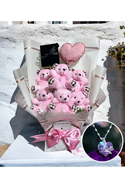 Laynear Premium Pembe Peluş Ayıcık Buketi Crystal Kalp Kolye