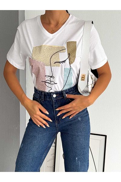 ERTULTEXTILE Women's Large Size New Season 100% Cotton Face Embroidered Embroidered T-shirt