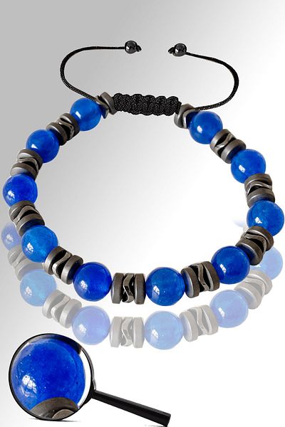 Tesbih Atölyesi Certified Matte Hematite - Blue Agate Stone Bracelet - Adjustable