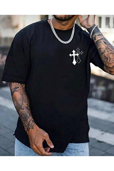 khufu Unisex oversize tričko s potiskem kříže v černé barvě