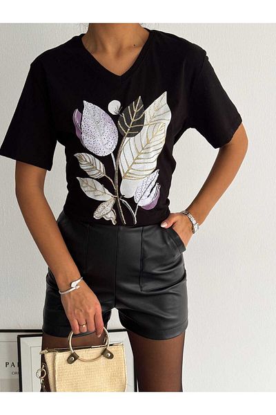 ERTULTEXTILE Women's Large Size New Season 100% Cotton Branch Embroidered Embroidered T-shirt