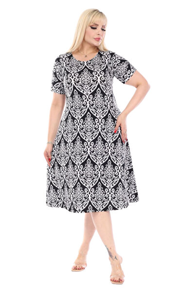 MELSAY Rochie midi cu mânecă scurtă, albă, cu model Kilim, pentru femei