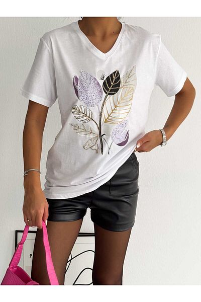 ERTULTEXTILE Women's Large Size New Season 100% Cotton Branch Embroidered Embroidered T-shirt