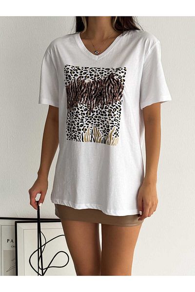ERTULTEXTILE Women's Large Size New Season 100% Cotton Embroidered Embroidered T-shirt