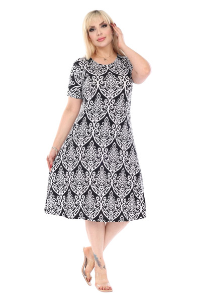 MELSAY Kadın Büyük Beden Kısa Kol Beyaz Kilim Desen Midi Elbise