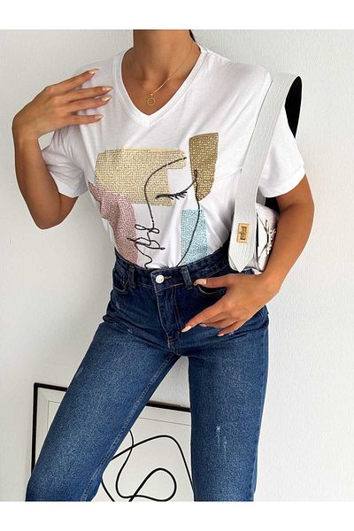 ERTULTEXTILE Women's Large Size New Season 100% Cotton Face Embroidered Embroidered T-shirt
