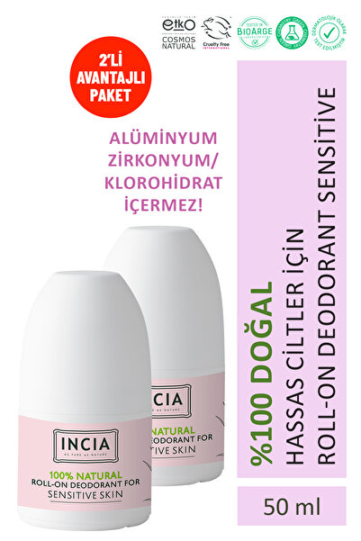 Incia %100 Doğal Roll On Deodorant Hassas Ciltler Için 2'li Ter Kokusu Önleyici Lekesiz 50 ml X 2 Adet