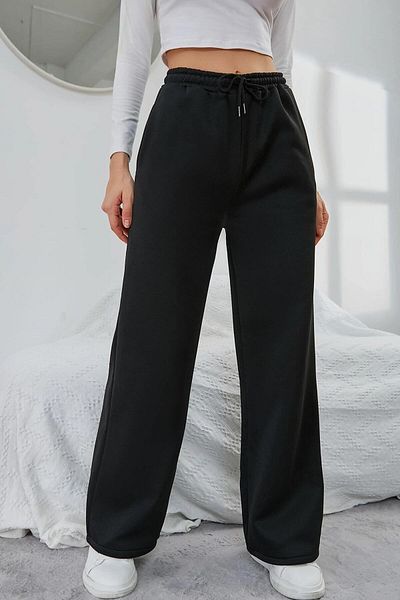 aynewmoda Pantaloni de trening pentru femei, negri, cu două fire, cu talie elastică, largi, cu picioare largi.
