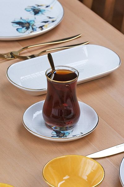 Glore Aslya Blue Flower 12 Piece Gold Gilt Ceramic Tea Set for 6 People