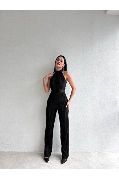 Genel Markalar Misscix Fitilli Kolsuz Halter Yaka Kadın Siyah Tulum - Abiye & Mezuniyet Tulum Elbise