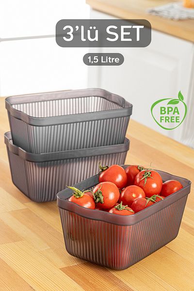Meleni Home 3-Piece Perry Kitchen Refrigerator Storage Container – Multi-Purpose Kitchen Organization Box Small 1.5 Lt Smoked