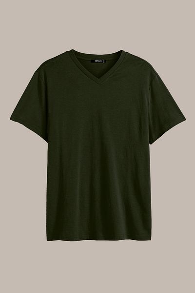 mmetalic Men's Khaki Basic Regular Fit Cotton Short Sleeve V-Neck T-shirt