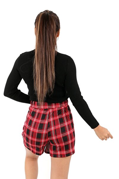 DİVİSTA Kadın Kırmızı Ekose Desenli Şortlu Etek