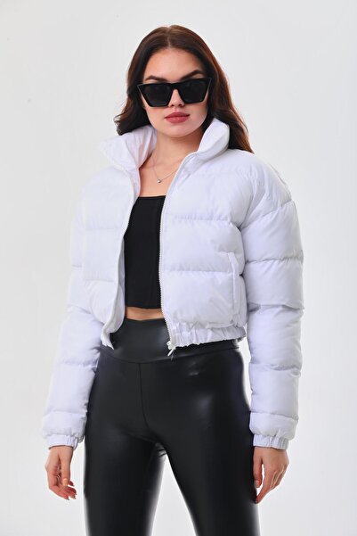 BallBee Kadın Beyaz Crop Şişme Mont