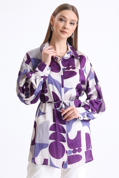 MD trend Women's Geometric Patterned Belted Oversize Satin Tunic with Balloon Sleeves