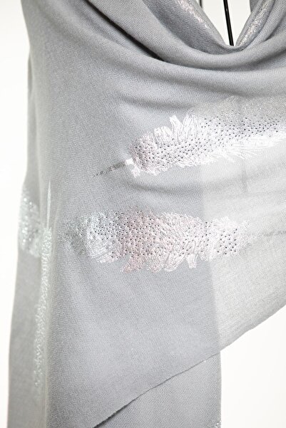 CASHMERE AND SİLK MAWLANA 85% Cashmere 15% Silk - Leafy Stone Detailed Shawl