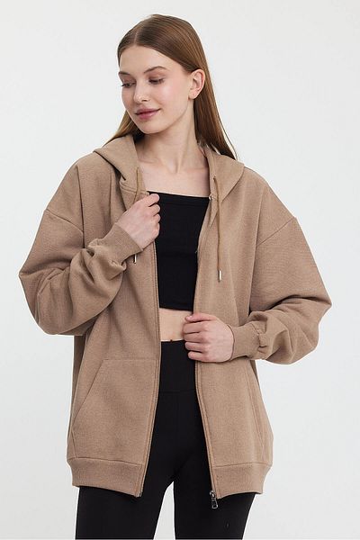 COMEOR Mink Kangaroo Pocket Hooded Zippered Cotton Inside Women's Cardigan