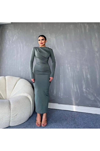 TASARIMCOLLECTİON BÜZGÜLÜ DRAPELİ SANDY KUMAŞ UZUN ELBİSE