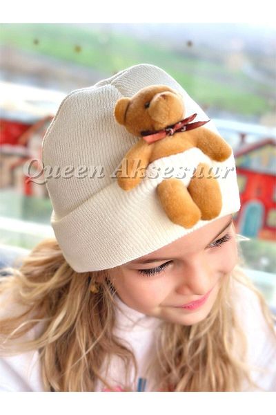QUEEN AKSESUAR Trend Fashion Special Design Cute Plush Teddy Bear Boy Girl Unisex Children's Hat Cream Color Ecru Hat