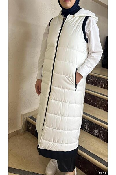 Doque Kapitone beyaz triko garnili kapşonlu yelek 50003