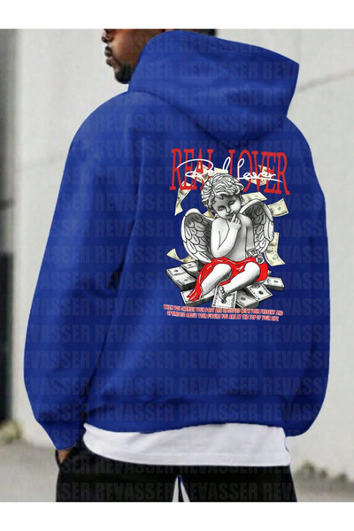 Revasser Унисекс прекалено голяма блуза с качулка и принт „Real Lover“