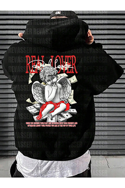 Revasser Unisex Oversize Real Lover Baskılı Bol Kesim Kapşonlu Şardonlu Sweat...