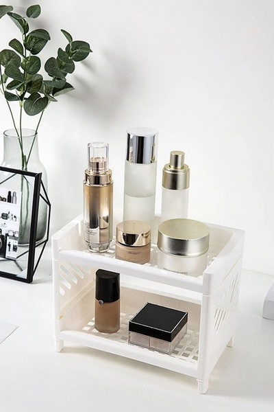 Meleni Home Raft de organizare pentru baie din 2 bucăți cu două straturi Organizator pentru baie - Suport pentru produse cosmetice alb