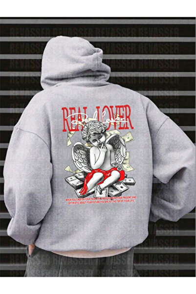 Revasser Unisex Oversize Real Lover Baskılı Bol Kesim Kapşonlu Şardonlu Sweat...