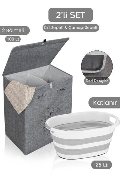 Meleni Home 2Bölmeli Çamaşır Sepeti Çok Amaçlı Saklama Hurç Gri 53x33x60cm-25...