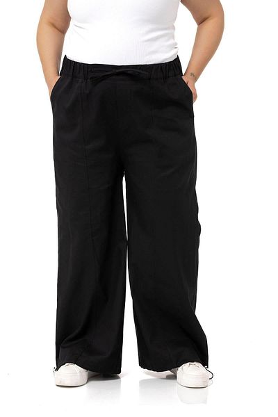 DISENTIS MODEST Large Size Wide Leg Gabardine Black Trousers with Tie Detail