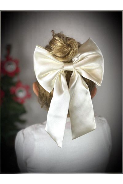 QUEEN AKSESUAR Large Luxury Satin Bow Off White Cream Automatic Clip Buckle Women And Children