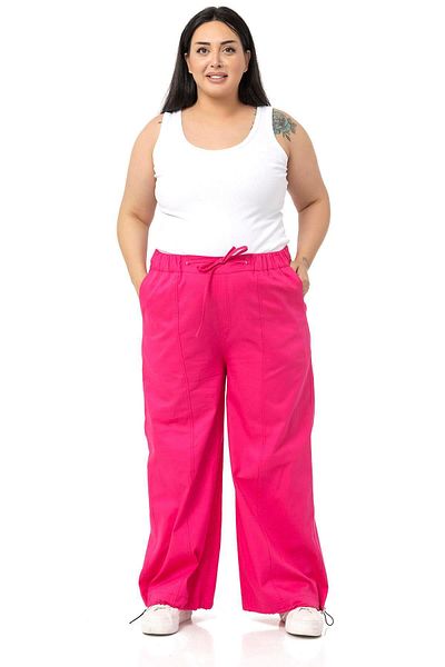 DISENTIS MODEST Large Size Wide Leg Gabardine Fuchsia Trousers with Tie Detail