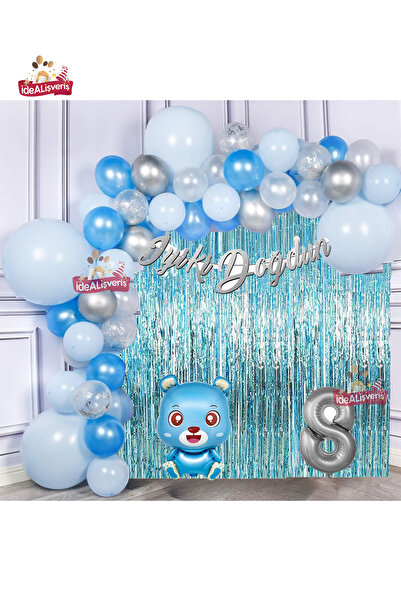 Bkmc Blue Teddy Bear Silver 8 Year Old Blue Silver Birthday Party Set with Fo...