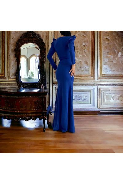 ModaLy Moda ROCHIE DE SĂRĂRI DETALIE LANT DE PLASTIC DE ȚESĂTURĂ CREP DE CULOARE ALBASTRĂ GL-722 582260