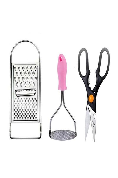 UNDERGROUND TRADE Practical Kitchen Tools 3 Piece Hand Grater - Potato Masher - Kitchen Scissors