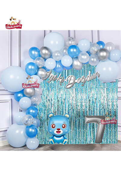Bkmc Blue Teddy Bear Silver 7 Year Old Blue Silver Birthday Party Set with Fo...