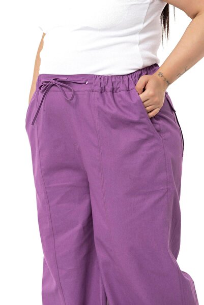 DISENTIS MODEST Plus Size Wide Leg Gabardine Purple Trousers with Tie Detail