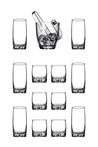 Paşabahçe Sylvana Whiskey & Cocktail Glass & Ice Bucket Set 14 Pieces (6 Long & 6 Short & 1 Ice Container & 1 Tong)