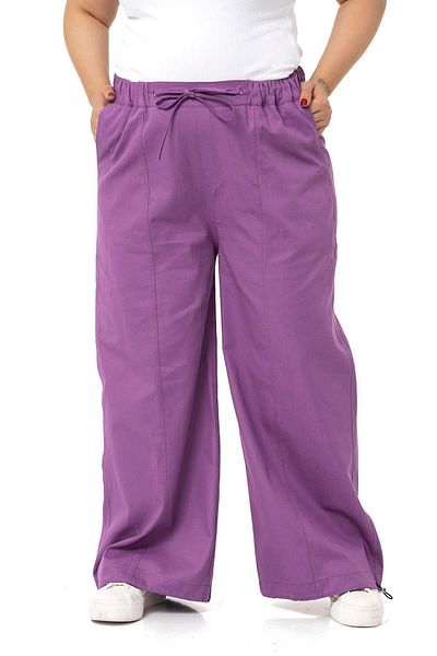 DISENTIS MODEST Plus Size Wide Leg Gabardine Purple Trousers with Tie Detail